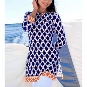 Barbara Gerwit Top Womens Medium Red Blue Engineered Knit Tunic Boho Beachy